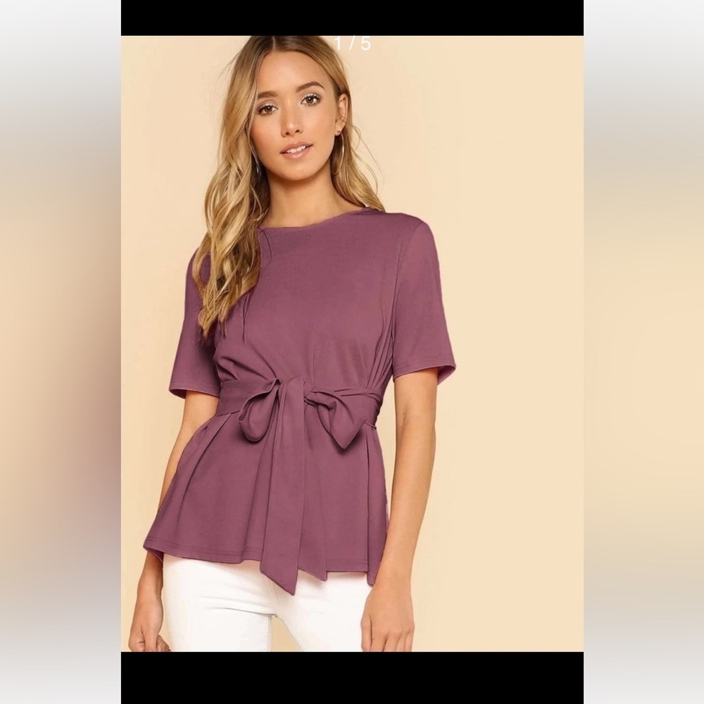 🌸 EUC 🌸Shein Beautiful Plum short sleeve blouse with tie at waist - size 6/M
